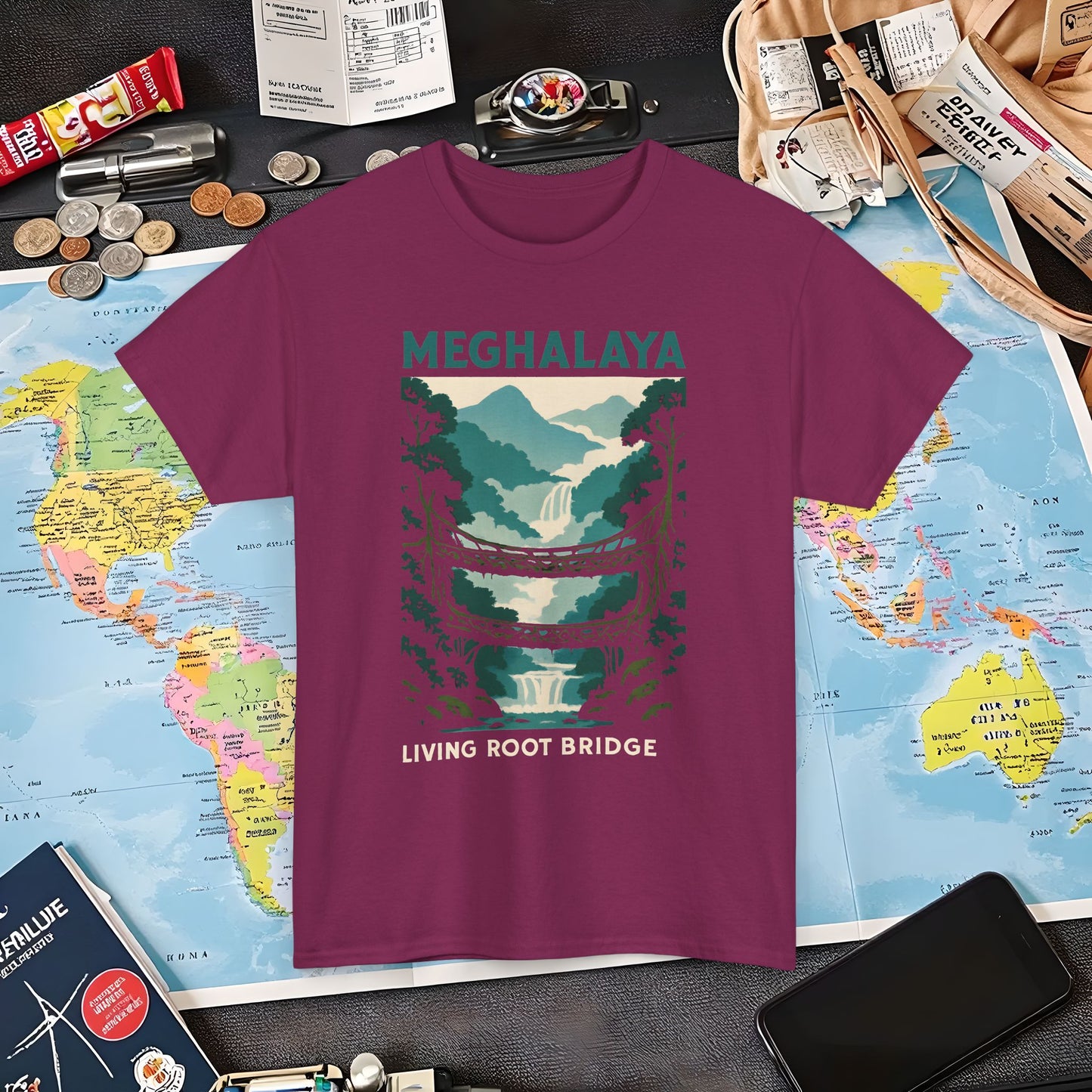 Living Root Bridges of Meghalaya – Hidden India Nature Adventure Tee Air Travel T-Shirts | Jetsetter, Airport, and International Flight Tees
