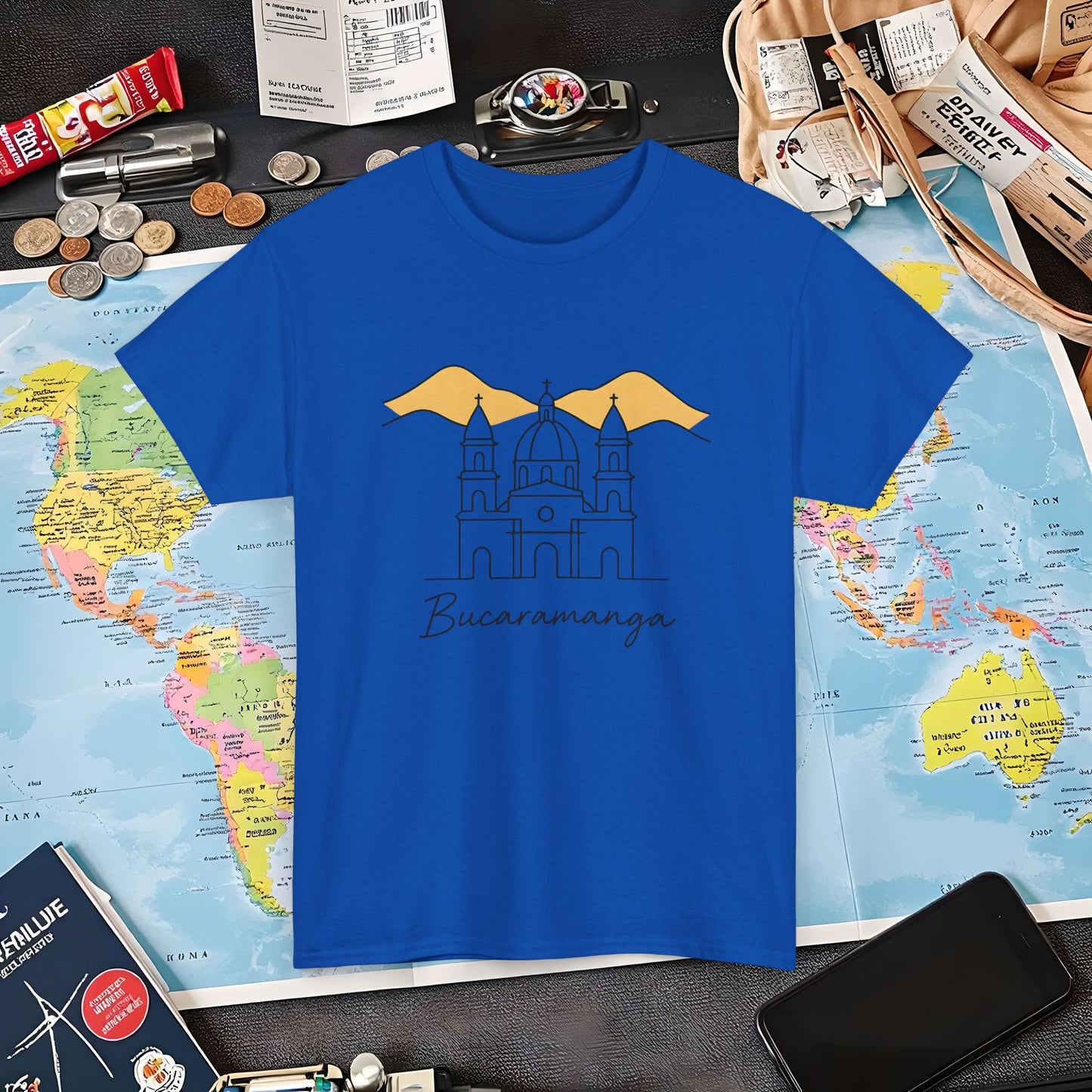 Bucaramanga Cathedral with Andes Silhouette – Vintage Colombia Travel Tee | Layover Club Air Travel T-Shirts | Jetsetter, Airport, and International Flight Tees