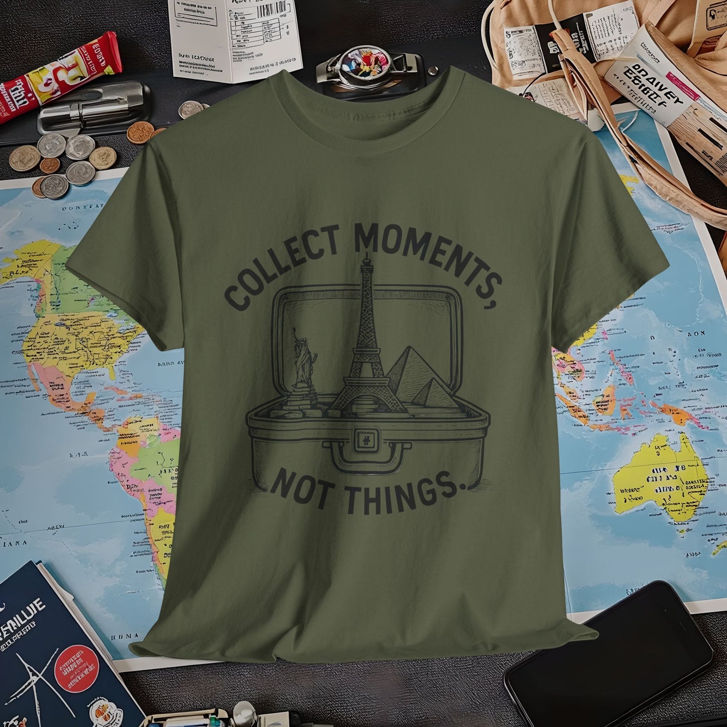 Collect Moments, Not Things T-Shirt – Inspirational Travel Quote Design Air Travel T-Shirts | Jetsetter, Airport, and International Flight Tees