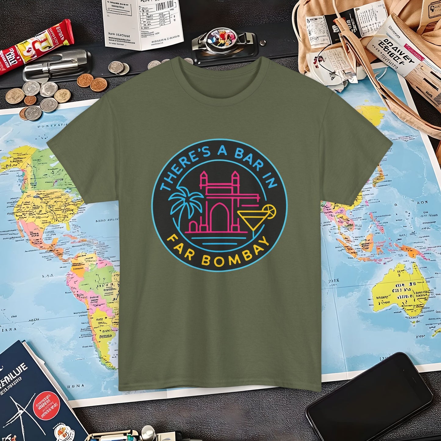 There’s a Bar in Far Bombay T-Shirt – Neon Gateway Bar Badge with Exotic Vibes Air Travel T-Shirts | Jetsetter, Airport, and International Flight Tees