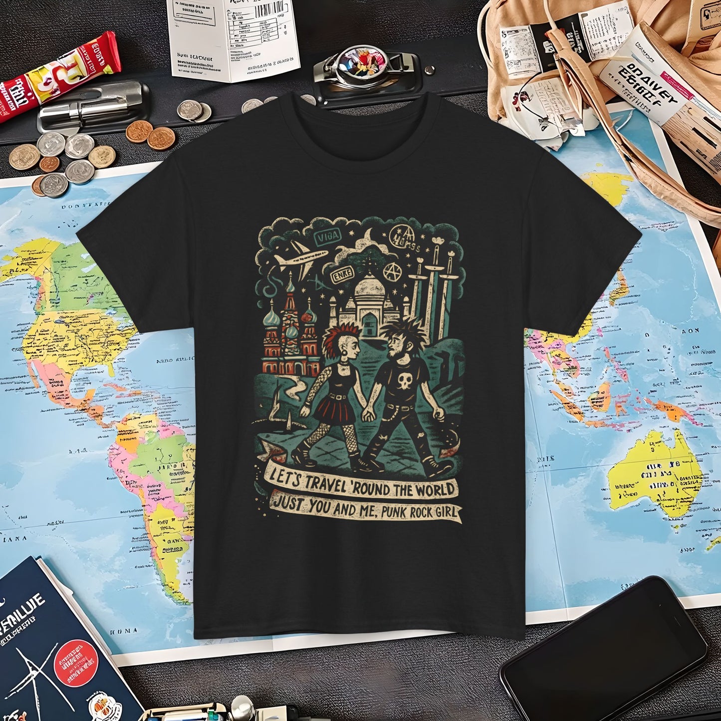 Let’s Travel 'Round the World, Just You and Me – Punk Rock Girl Global Adventure Tee Air Travel T-Shirts | Jetsetter, Airport, and International Flight Tees