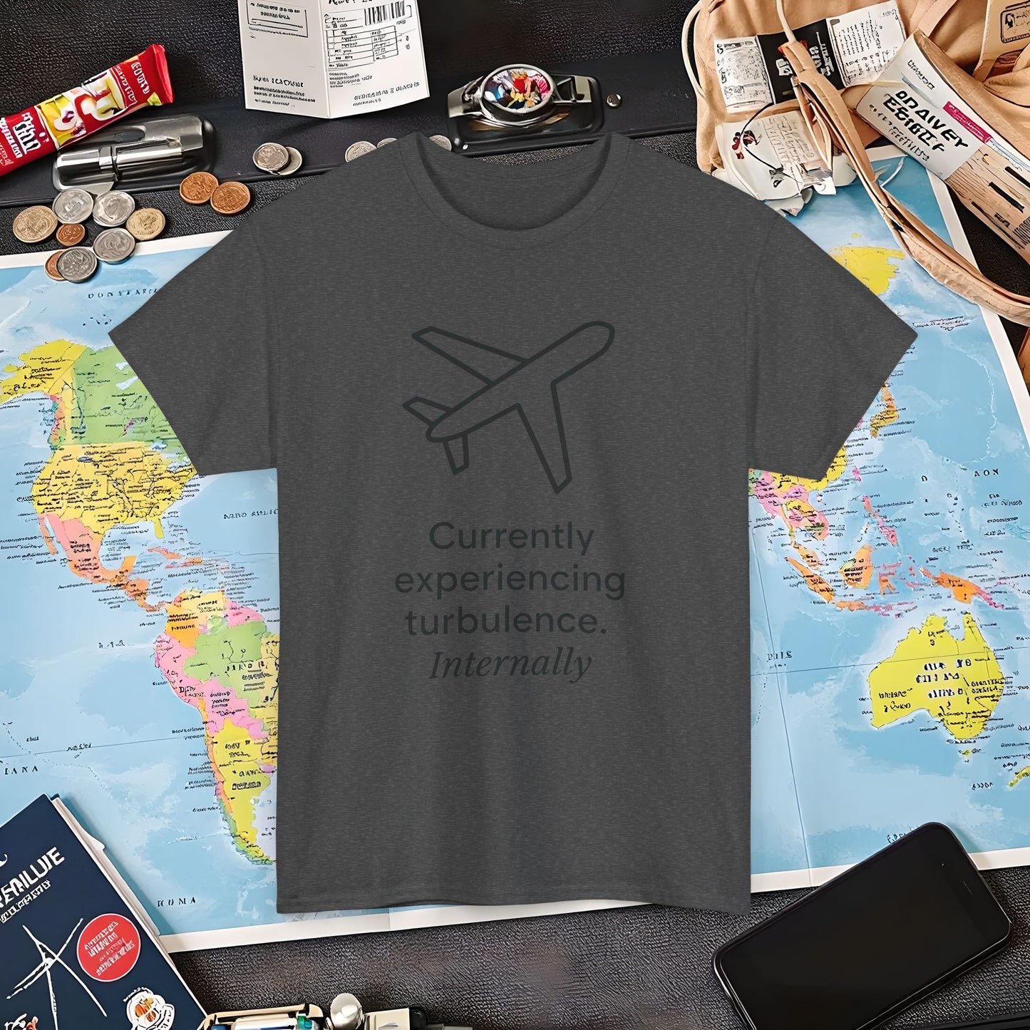 Currently Experiencing Turbulence Internally Tee – Minimalist Airplane Quote Shirt Air Travel T-Shirts | Jetsetter, Airport, and International Flight Tees
