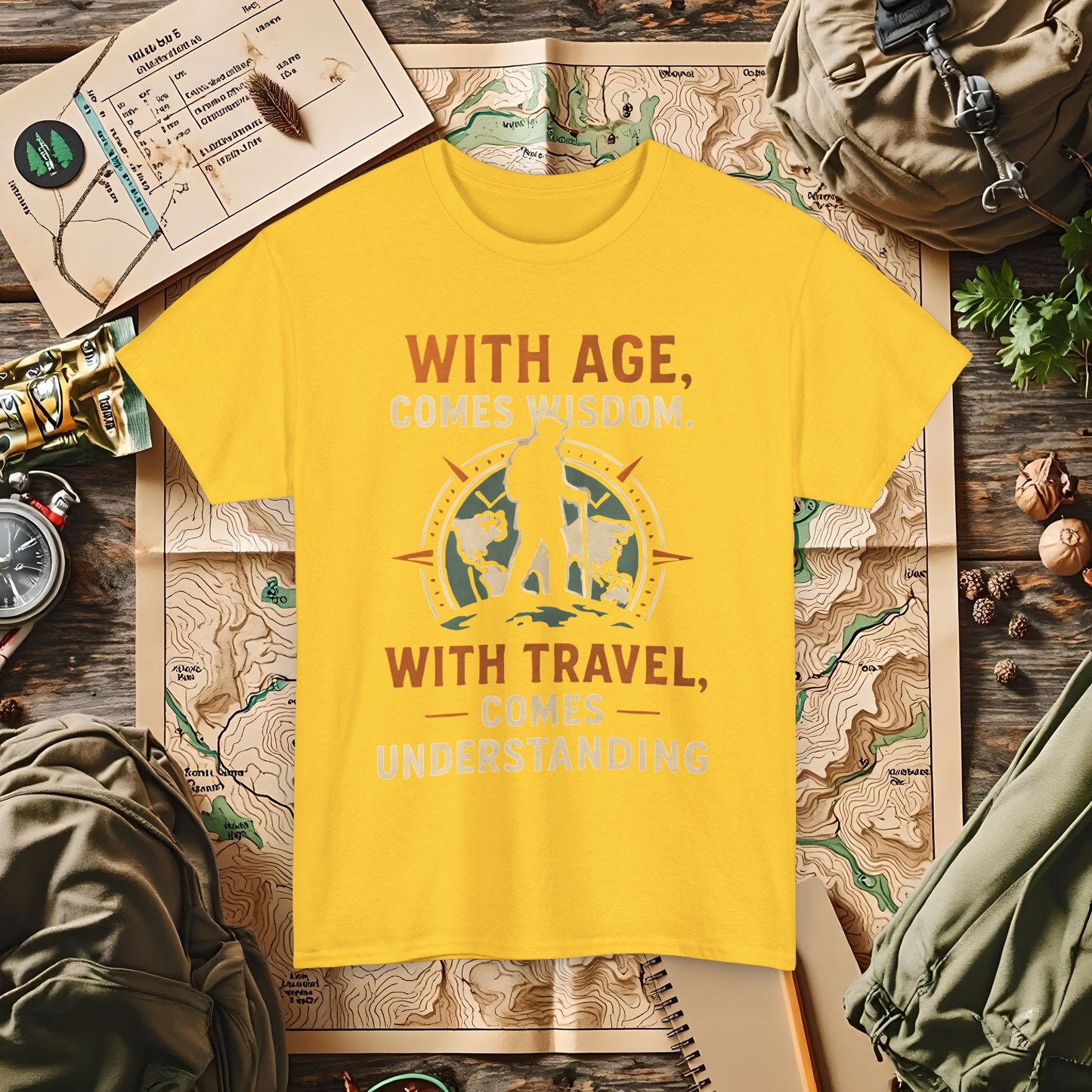 With Age Comes Wisdom, With Travel Comes Understanding Tee – Explorer Compass Design | Camping, Hiking, Rafting & Kayaking Tees for Nature Lovers