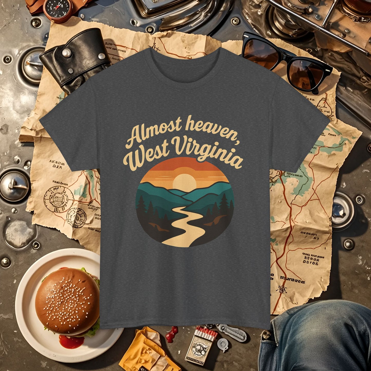 Almost Heaven, West Virginia T-Shirt – Vintage Appalachian Sunset with Winding River Road Trip & Vehicle Travel T-Shirts | Car, RV, and Motorcycle Adventure Tees