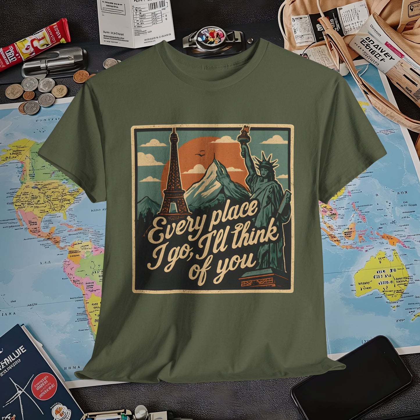 Every Place I Go, I’ll Think of You T-Shirt – Vintage Postcard Travel Collage with Iconic Landmarks Air Travel T-Shirts | Jetsetter, Airport, and International Flight Tees