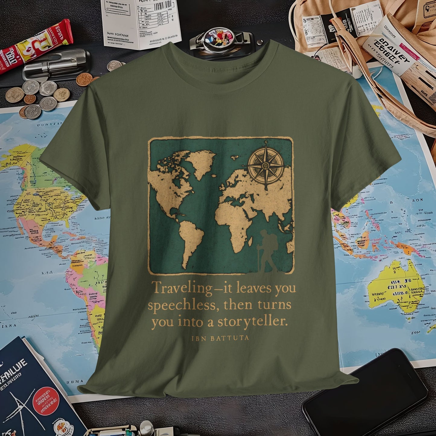 Speechless to Storyteller – Vintage Map Wanderlust Quote Tee Air Travel T-Shirts | Jetsetter, Airport, and International Flight Tees