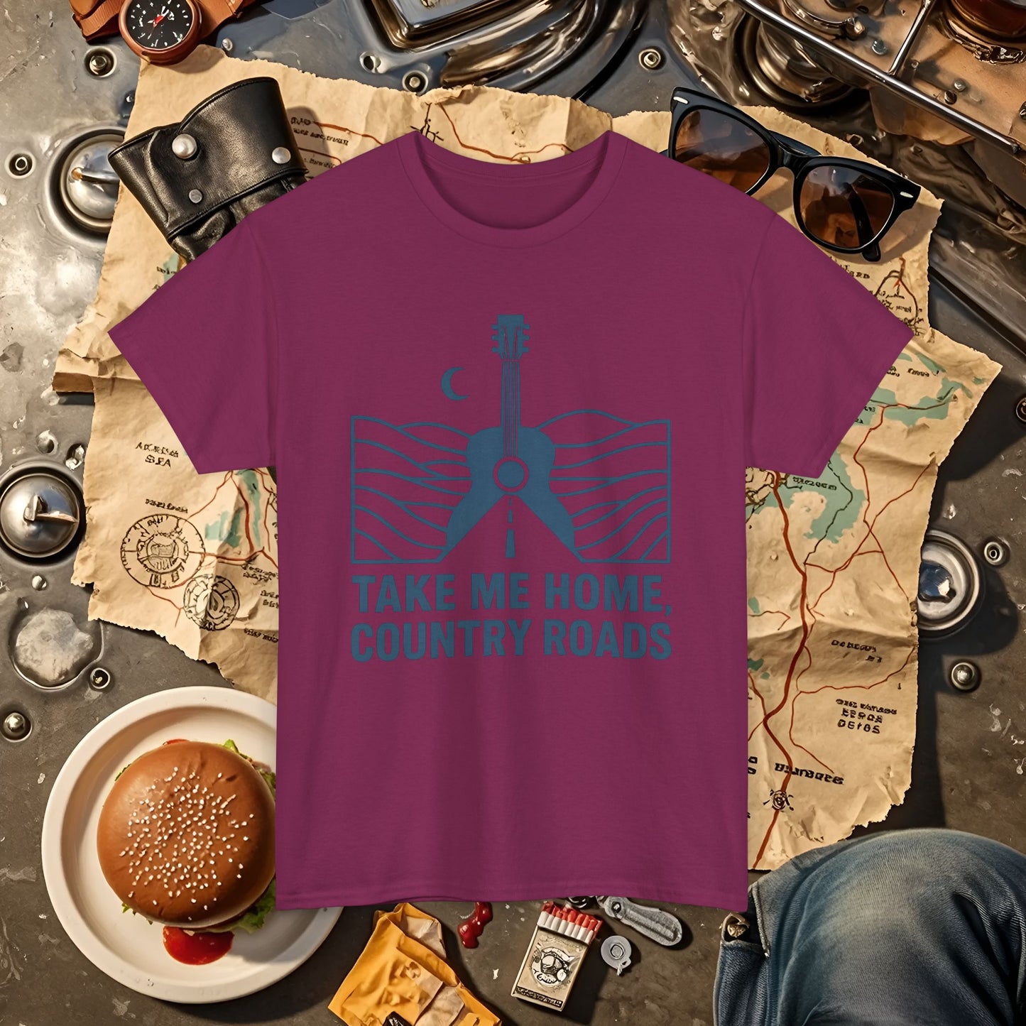 Take Me Home, Country Roads T-Shirt – Guitar Horizon & Open Highway Design Road Trip & Vehicle Travel T-Shirts | Car, RV, and Motorcycle Adventure Tees