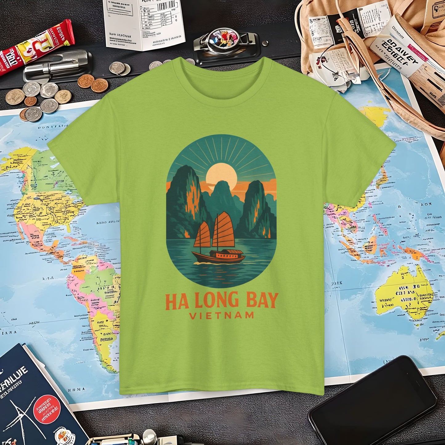 Ha Long Bay Vietnam T-Shirt – Art Deco Junk Boat Travel Shirt for Southeast Asia Lovers Air Travel T-Shirts | Jetsetter, Airport, and International Flight Tees