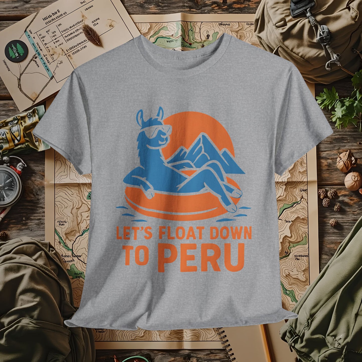 Let’s Float Down to Peru T-Shirt – Chill Llama on Inner Tube and Andes Sunset Outdoor Adventure T-Shirts | Camping, Hiking, Rafting & Kayaking Tees for Nature Lovers