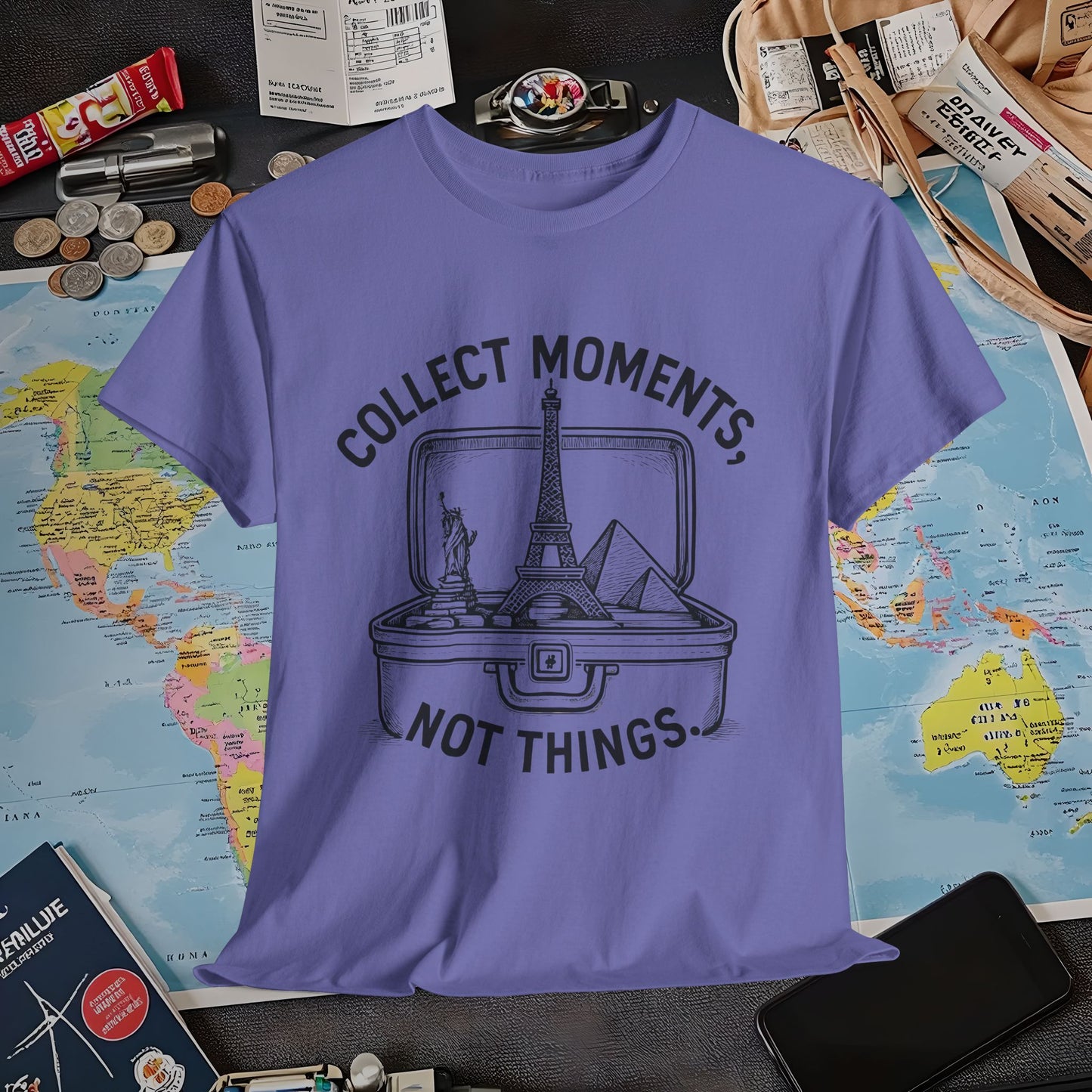 Collect Moments, Not Things T-Shirt – Inspirational Travel Quote Design Air Travel T-Shirts | Jetsetter, Airport, and International Flight Tees