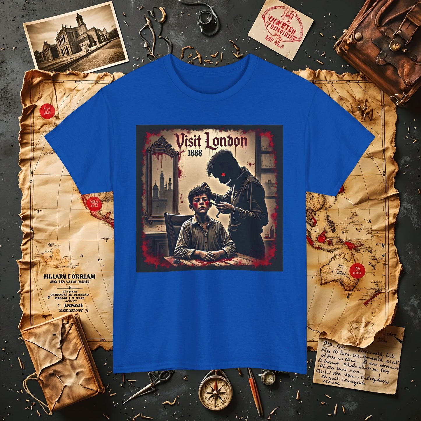 Visit London 1888 T-Shirt – Victorian Horror with Jack the Ripper and Evil Barber Art