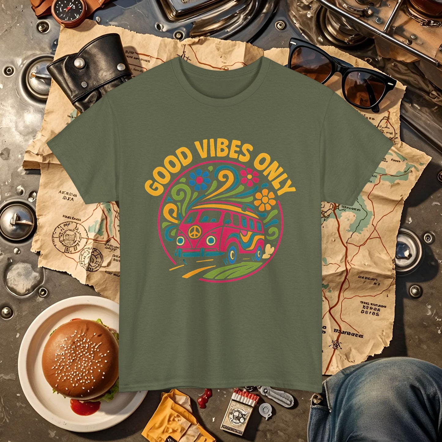 Good Vibes Only T-Shirt – Retro Hippie Van with 70s-Inspired Positivity Road Trip & Vehicle Travel T-Shirts | Car, RV, and Motorcycle Adventure Tees