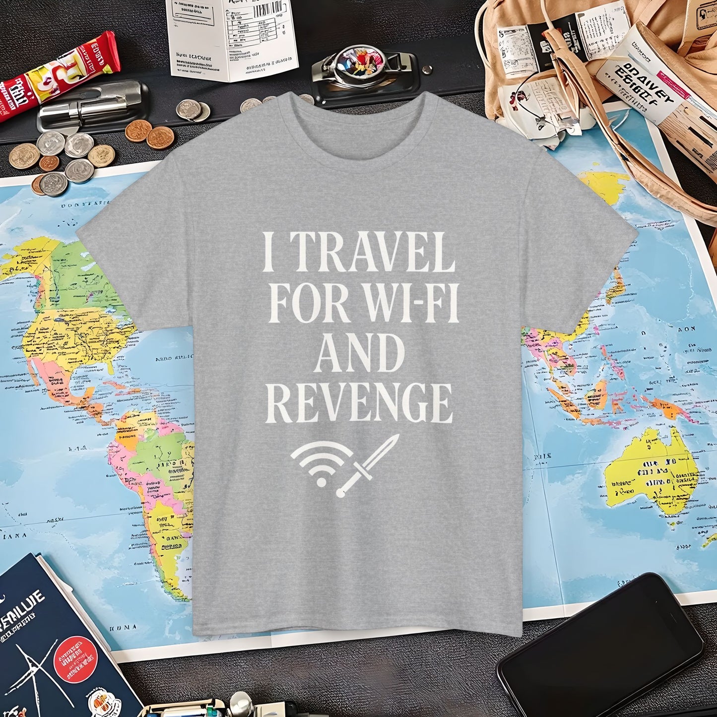 I Travel for WiFi and Revenge – Bold Quote Tee with Dagger Icon Air Travel T-Shirts | Jetsetter, Airport, and International Flight Tees