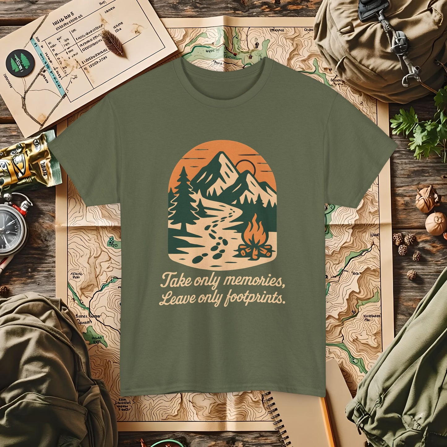 Take Only Memories, Leave Only Footprints — Sunset Mountain Trail Adventure Badge T-Shirt | Camping, Hiking, Rafting & Kayaking Tees for Nature Lovers