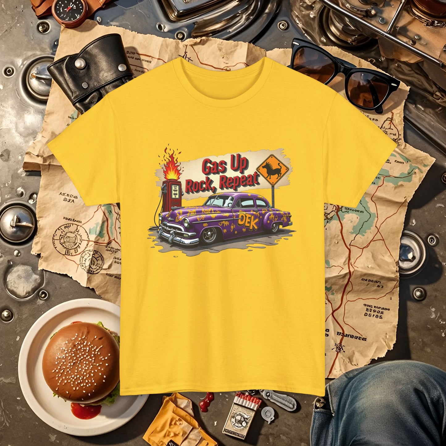 Gas Up, Rock and Repeat Road Trip & Vehicle Travel T-Shirts | Car, RV, and Motorcycle Adventure Tees
