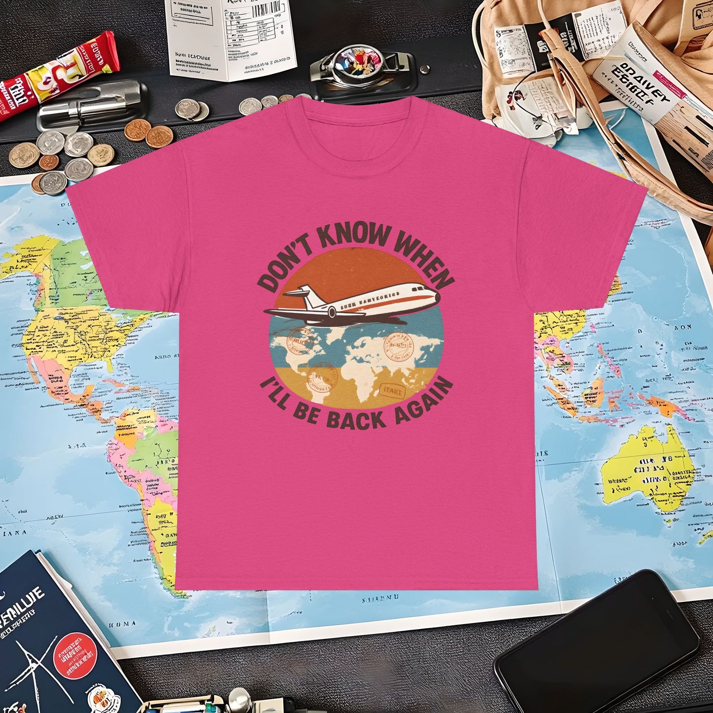 Don’t Know When I’ll Be Back Again T-Shirt – Retro ’70s Jet & Vintage Map Travel Design Air Travel T-Shirts | Jetsetter, Airport, and International Flight Tees