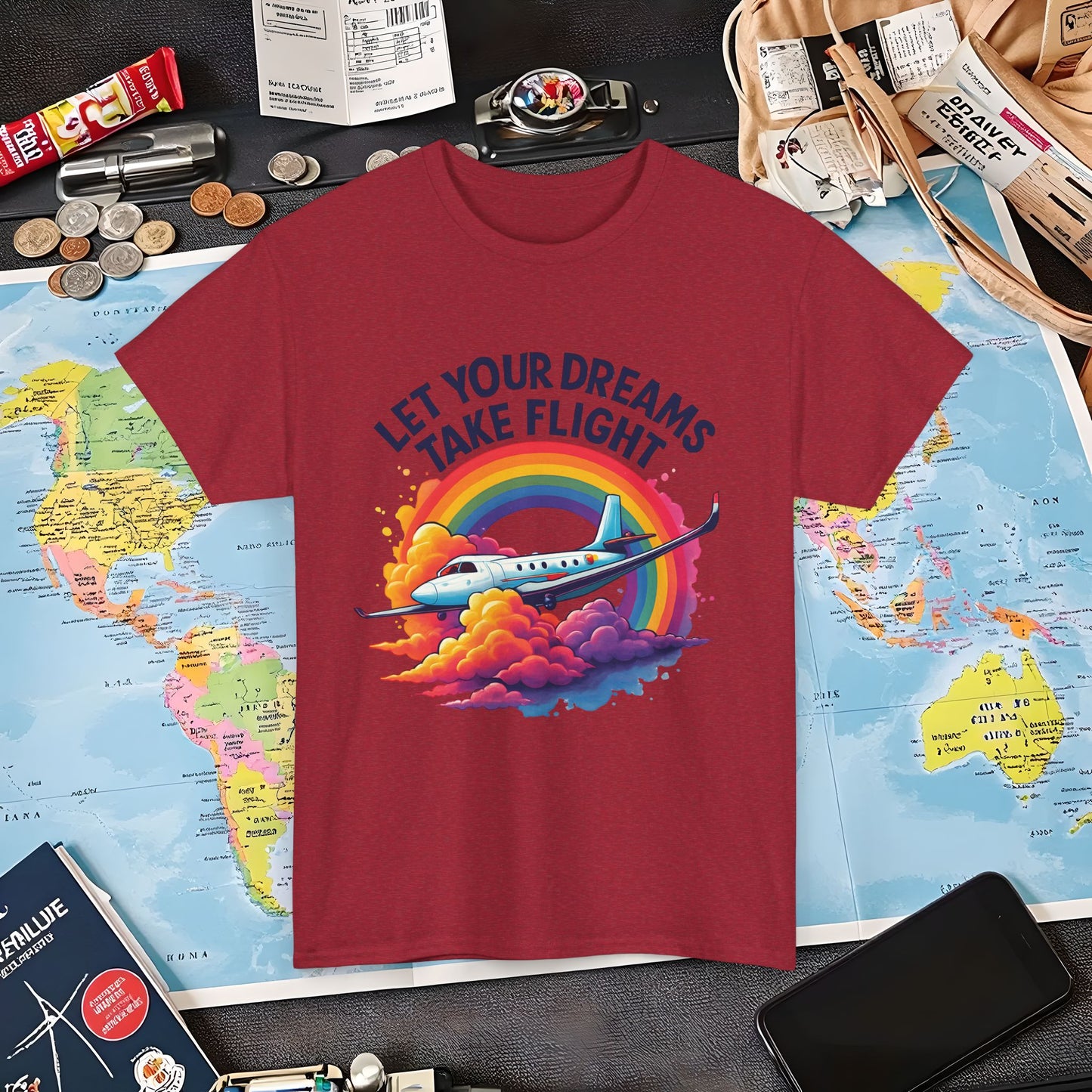 Let Your Dreams Take Flight T-Shirt – Airplane with Rainbow Trail Design Air Travel T-Shirts | Jetsetter, Airport, and International Flight Tees