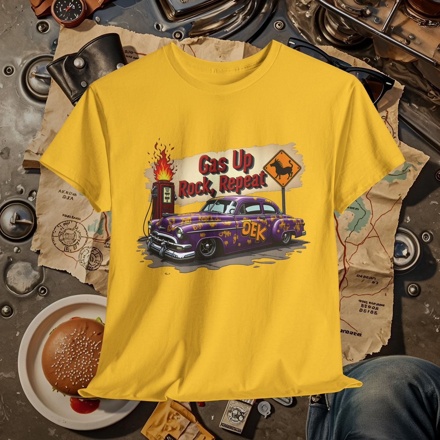 Gas Up, Rock and Repeat Road Trip & Vehicle Travel T-Shirts | Car, RV, and Motorcycle Adventure Tees