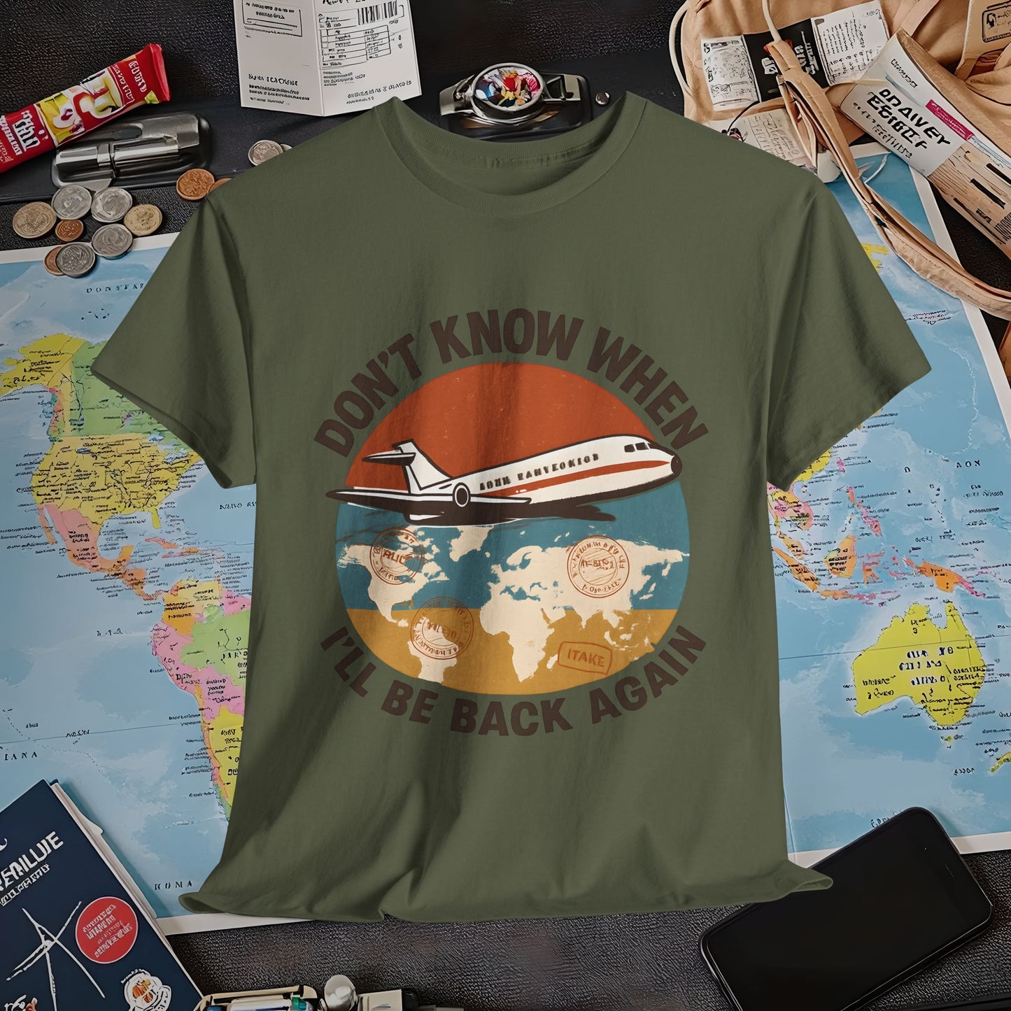Don’t Know When I’ll Be Back Again T-Shirt – Retro ’70s Jet & Vintage Map Travel Design Air Travel T-Shirts | Jetsetter, Airport, and International Flight Tees