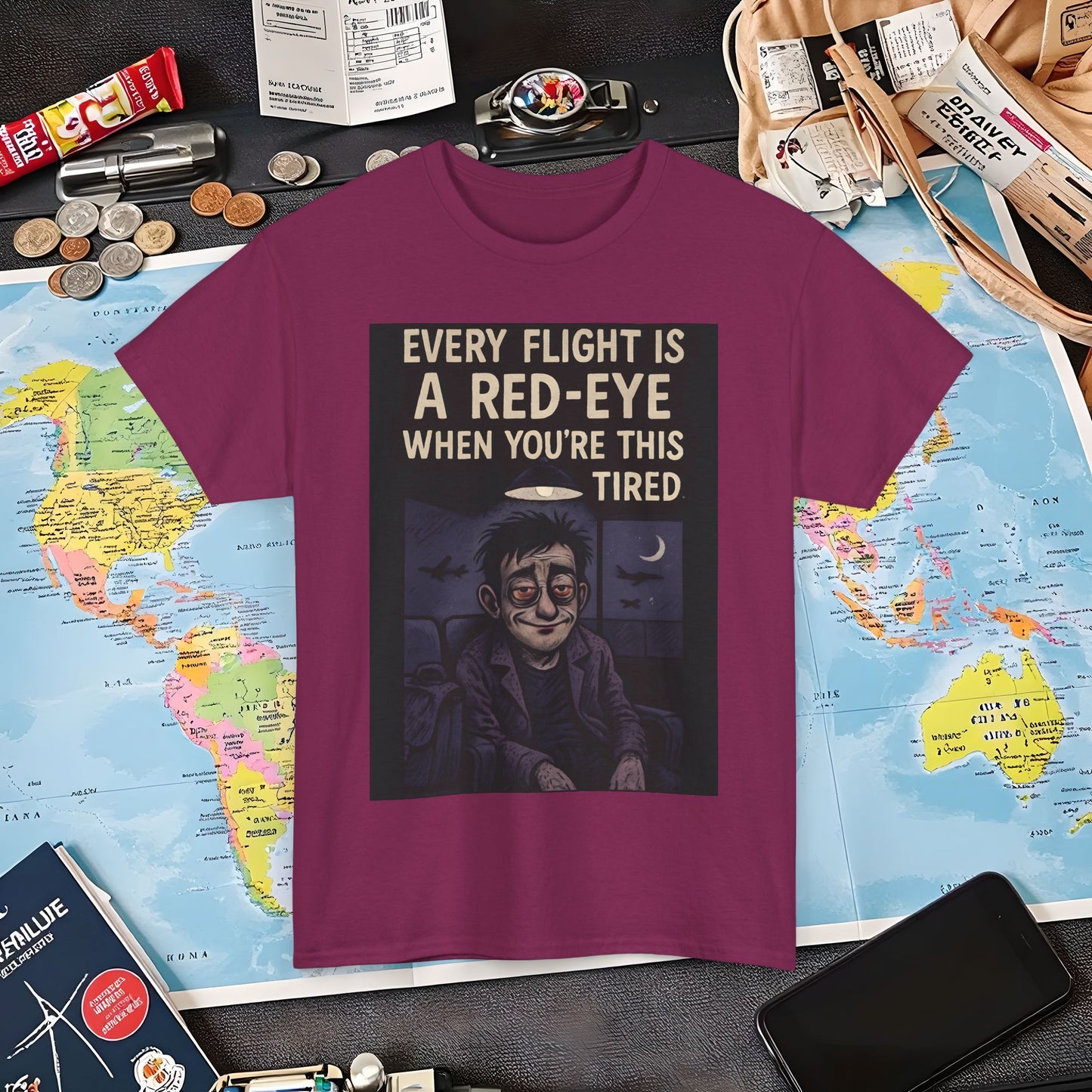 Every Flight Is a Red Eye Tee – Exhausted Traveler Comic Noir Shirt Air Travel T-Shirts | Jetsetter, Airport, and International Flight Tees