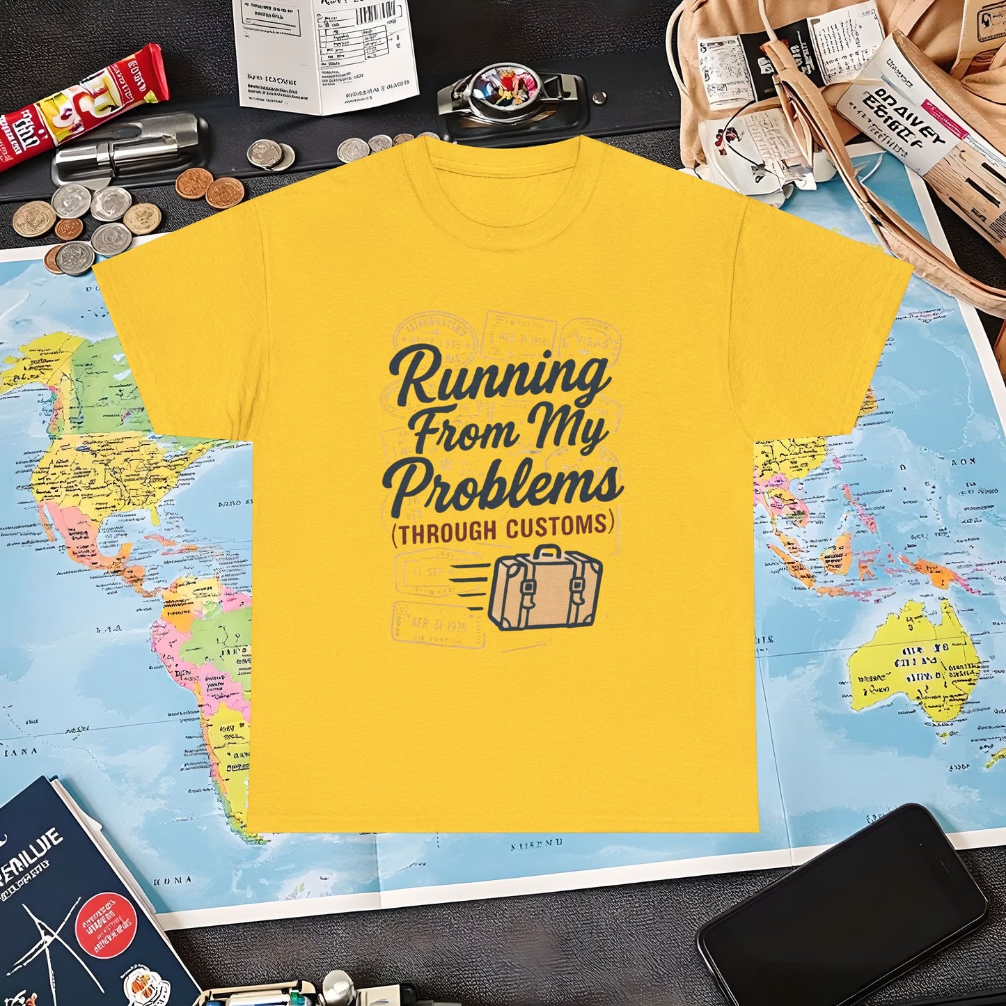 Running From My Problems Through Customs – Vintage Travel Quote Tee with Passport Stamps Air Travel T-Shirts | Jetsetter, Airport, and International Flight Tees