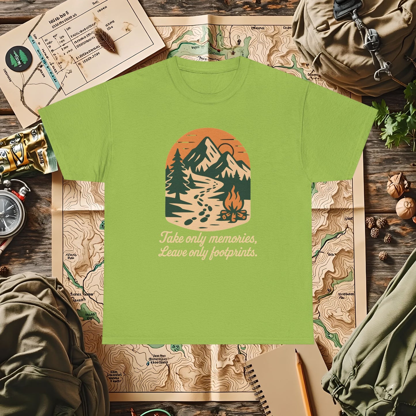 Take Only Memories, Leave Only Footprints — Sunset Mountain Trail Adventure Badge T-Shirt | Camping, Hiking, Rafting & Kayaking Tees for Nature Lovers