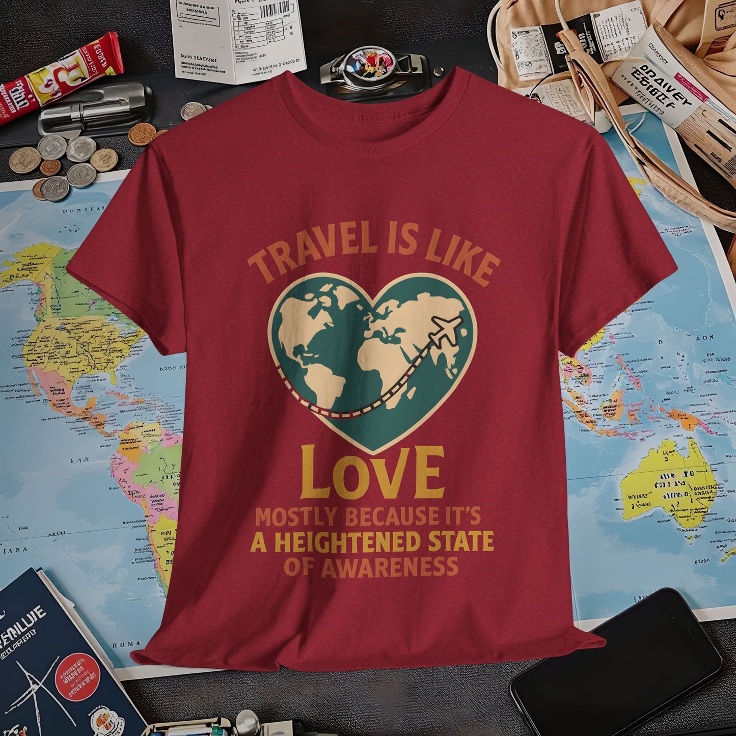 Travel Is Like Love – Heart Map Quote Tee with Airplane Path | Layover Club Air Travel T-Shirts | Jetsetter, Airport, and International Flight Tees