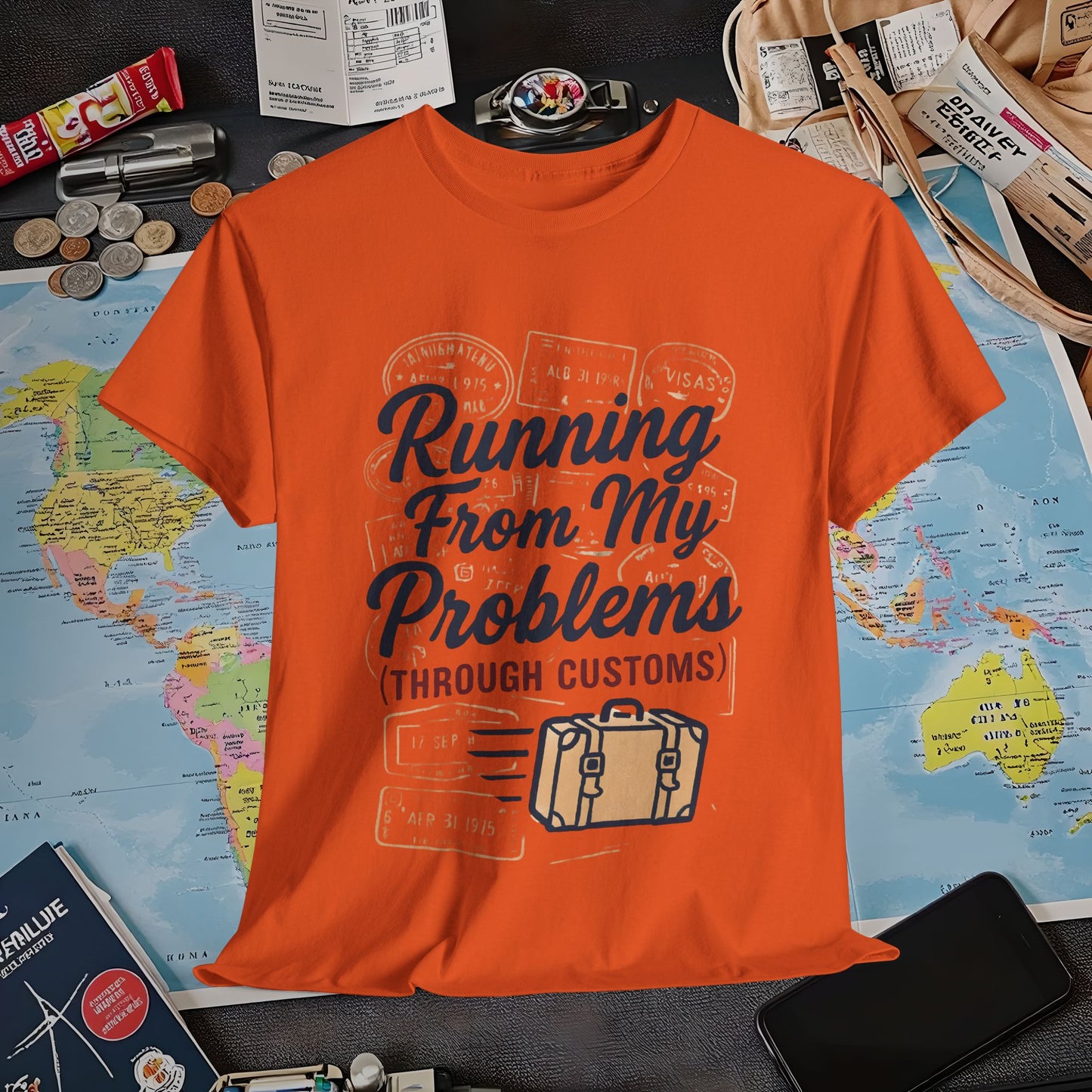 Running From My Problems Through Customs – Vintage Travel Quote Tee with Passport Stamps Air Travel T-Shirts | Jetsetter, Airport, and International Flight Tees