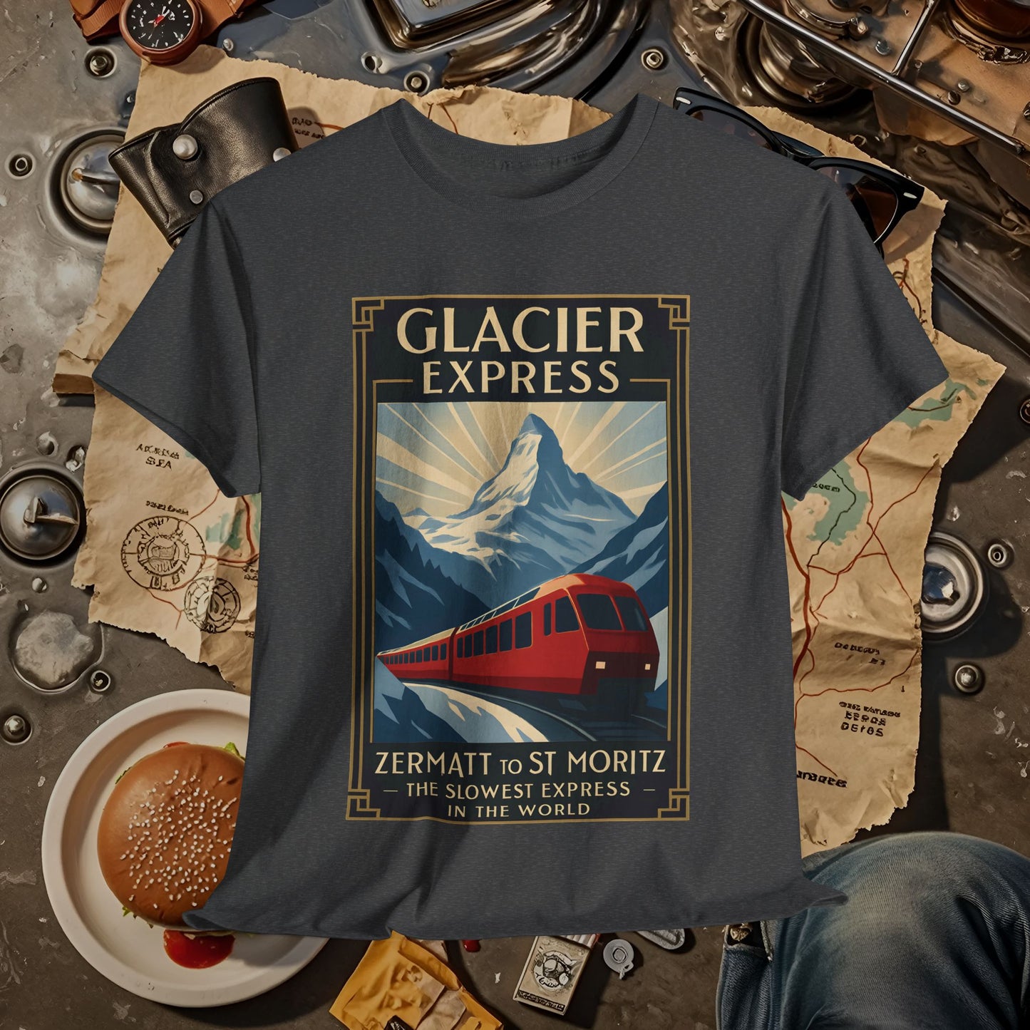 Glacier Express – Art Deco Alpine Train Adventure Tee Road Trip & Vehicle Travel T-Shirts | Car, RV, and Motorcycle Adventure Tees