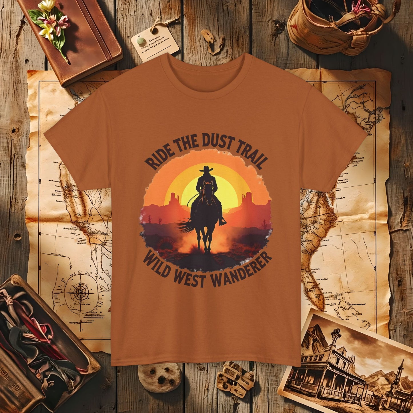 Ride the Dust Trail, Wild West Wanderer Western Travel T-Shirts | Desert, Ghost Town, and Cowboy-Inspired Adventure Tees