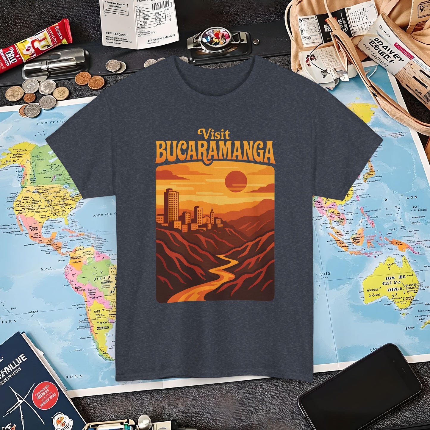Retro Bucaramanga Skyline & Chicamocha Canyon Sunset – Vintage Colombia Travel Tee | Layover Club Air Travel T-Shirts | Jetsetter, Airport, and International Flight Tees