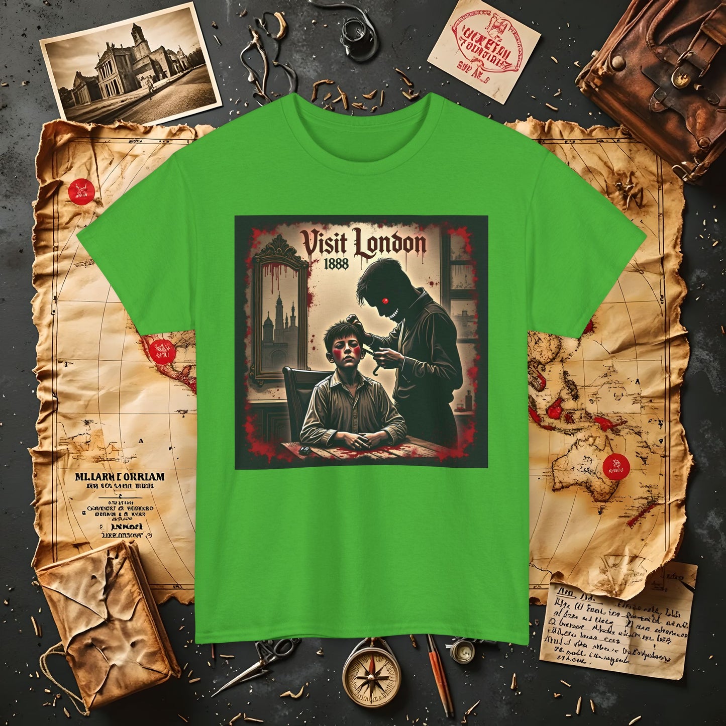 Visit London 1888 T-Shirt – Victorian Horror with Jack the Ripper and Evil Barber Art