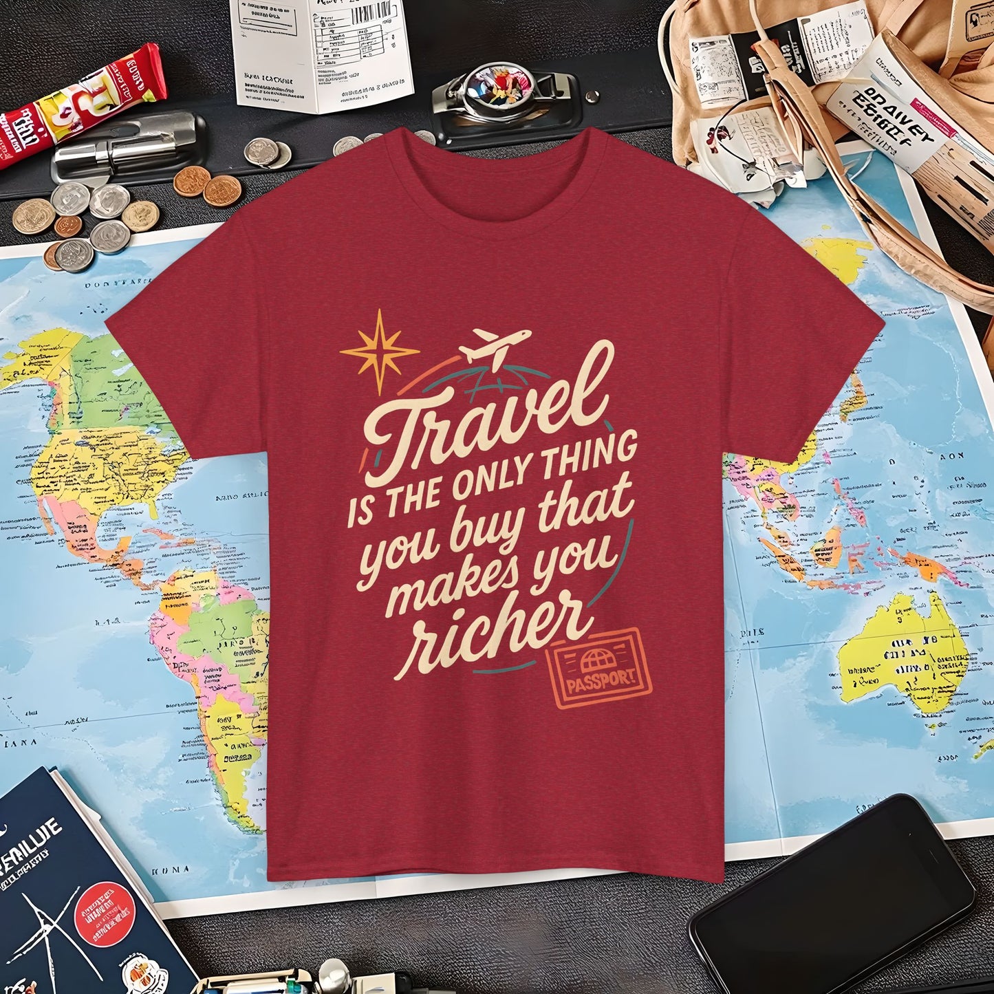 Travel Makes You Richer Tee – Vintage Globe & Airplane Quote Shirt Air Travel T-Shirts | Jetsetter, Airport, and International Flight Tees