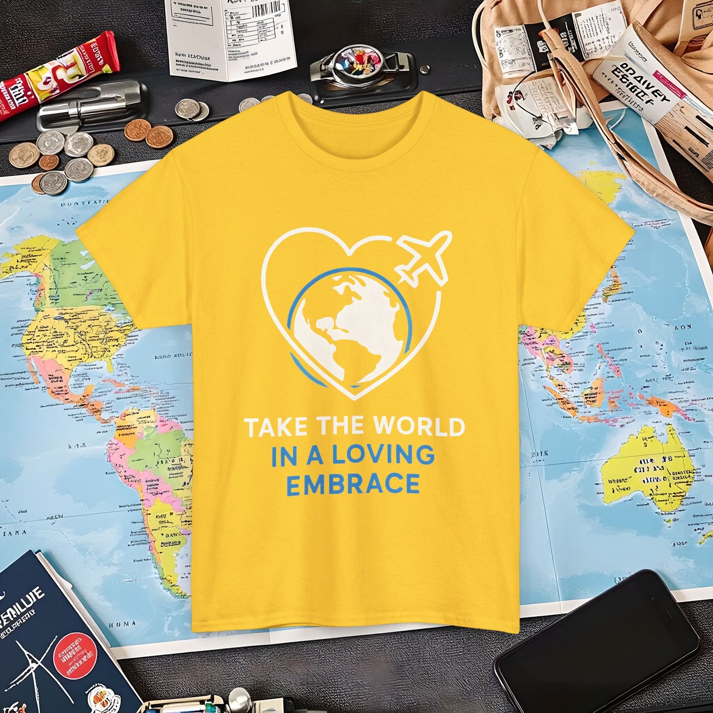 Take the World in a Loving Embrace T-Shirt – Heart in Flight Over Globe Design Air Travel T-Shirts | Jetsetter, Airport, and International Flight Tees