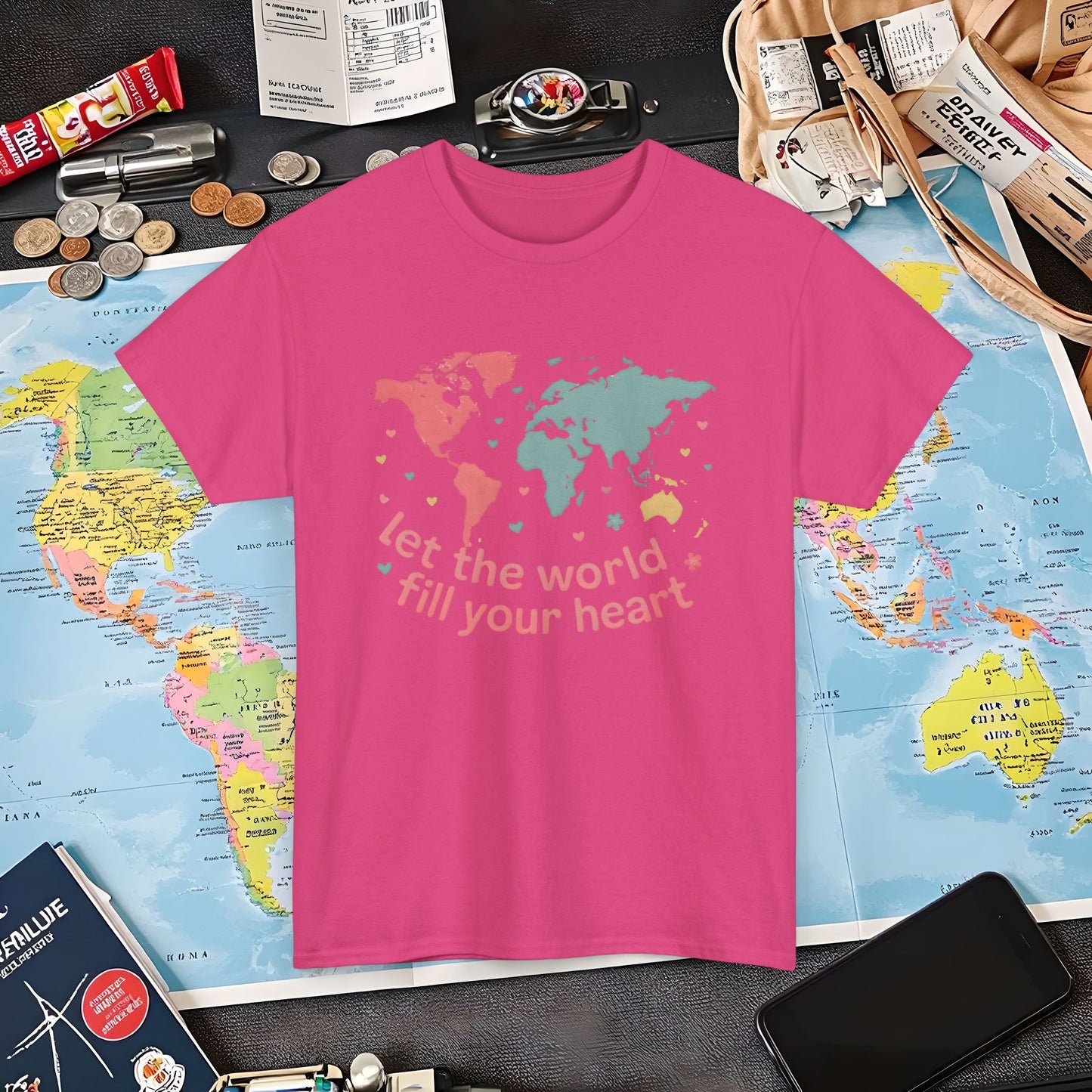 Let the World Fill Your Heart T-Shirt – World Map Adventure Design Air Travel T-Shirts | Jetsetter, Airport, and International Flight Tees