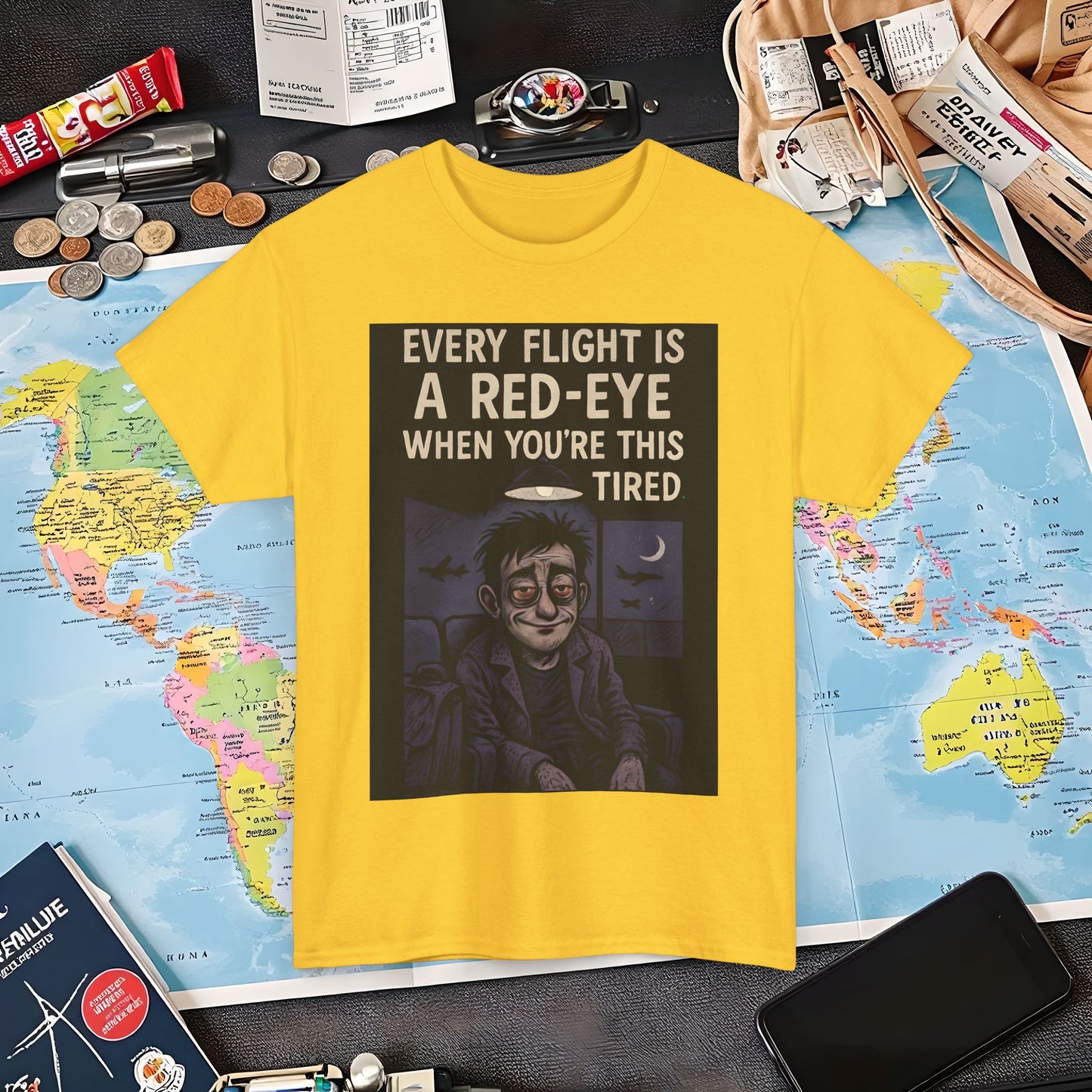 Every Flight Is a Red Eye Tee – Exhausted Traveler Comic Noir Shirt Air Travel T-Shirts | Jetsetter, Airport, and International Flight Tees
