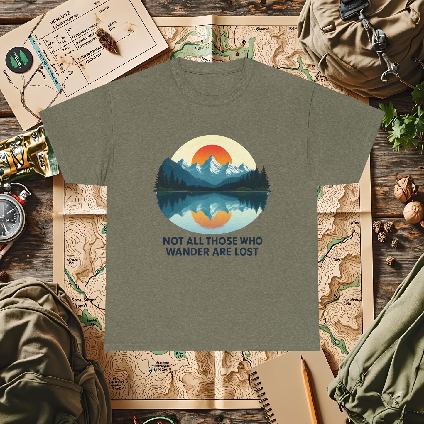 Not All Who Wander Are Lost T-Shirt – Sunset Over Mountain Lake and Forest Reflection Camping, Hiking, Rafting & Kayaking Tees for Nature Lovers