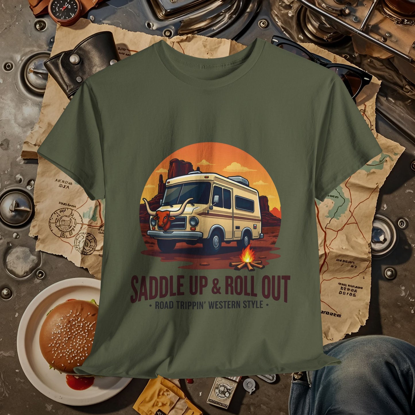 Saddle Up and Roll out Road Trip & Vehicle Travel T-Shirts | Car, RV, and Motorcycle Adventure Tees