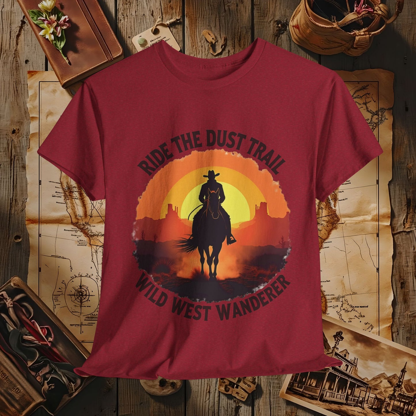 Ride the Dust Trail, Wild West Wanderer Western Travel T-Shirts | Desert, Ghost Town, and Cowboy-Inspired Adventure Tees