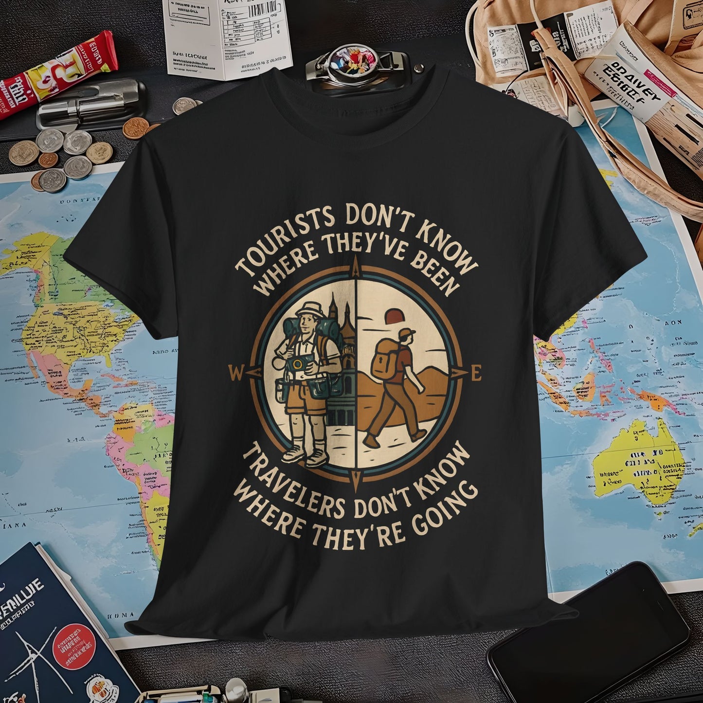 Tourists vs. Travelers – Vintage Compass Emblem Quote Tee | Layover Club Air Travel T-Shirts | Jetsetter, Airport, and International Flight Tees