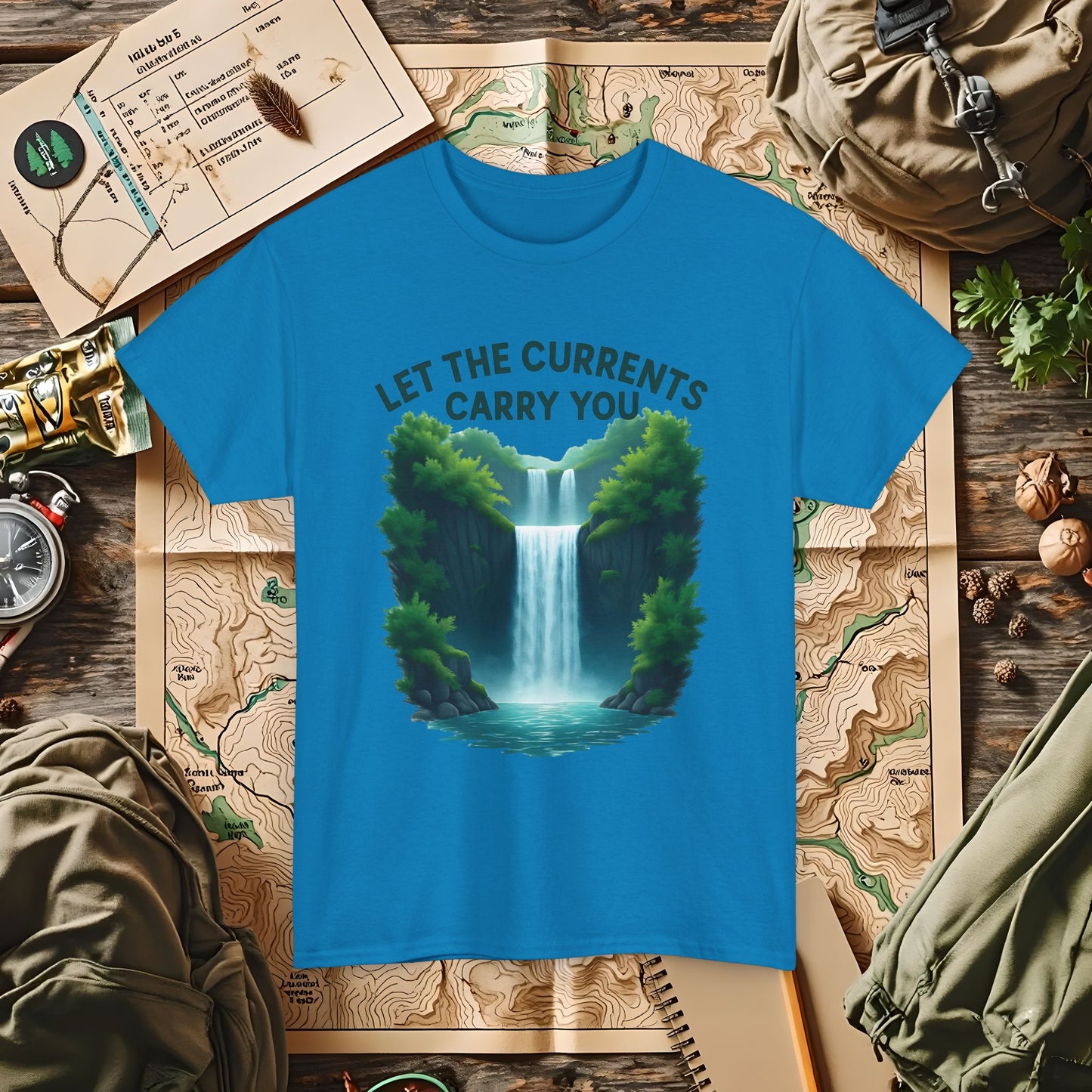 Let the Currents Carry You T-Shirt – Waterfall Escape Design Camping, Hiking, Rafting & Kayaking Tees for Nature Lovers