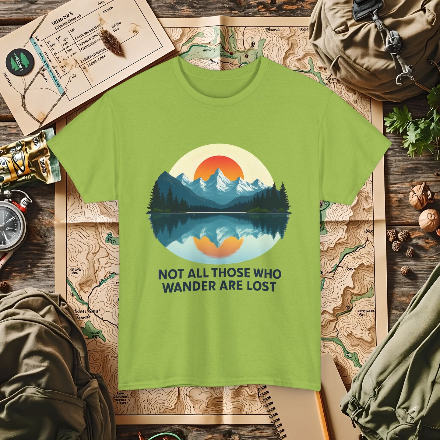 Not All Who Wander Are Lost T-Shirt – Sunset Over Mountain Lake and Forest Reflection Camping, Hiking, Rafting & Kayaking Tees for Nature Lovers