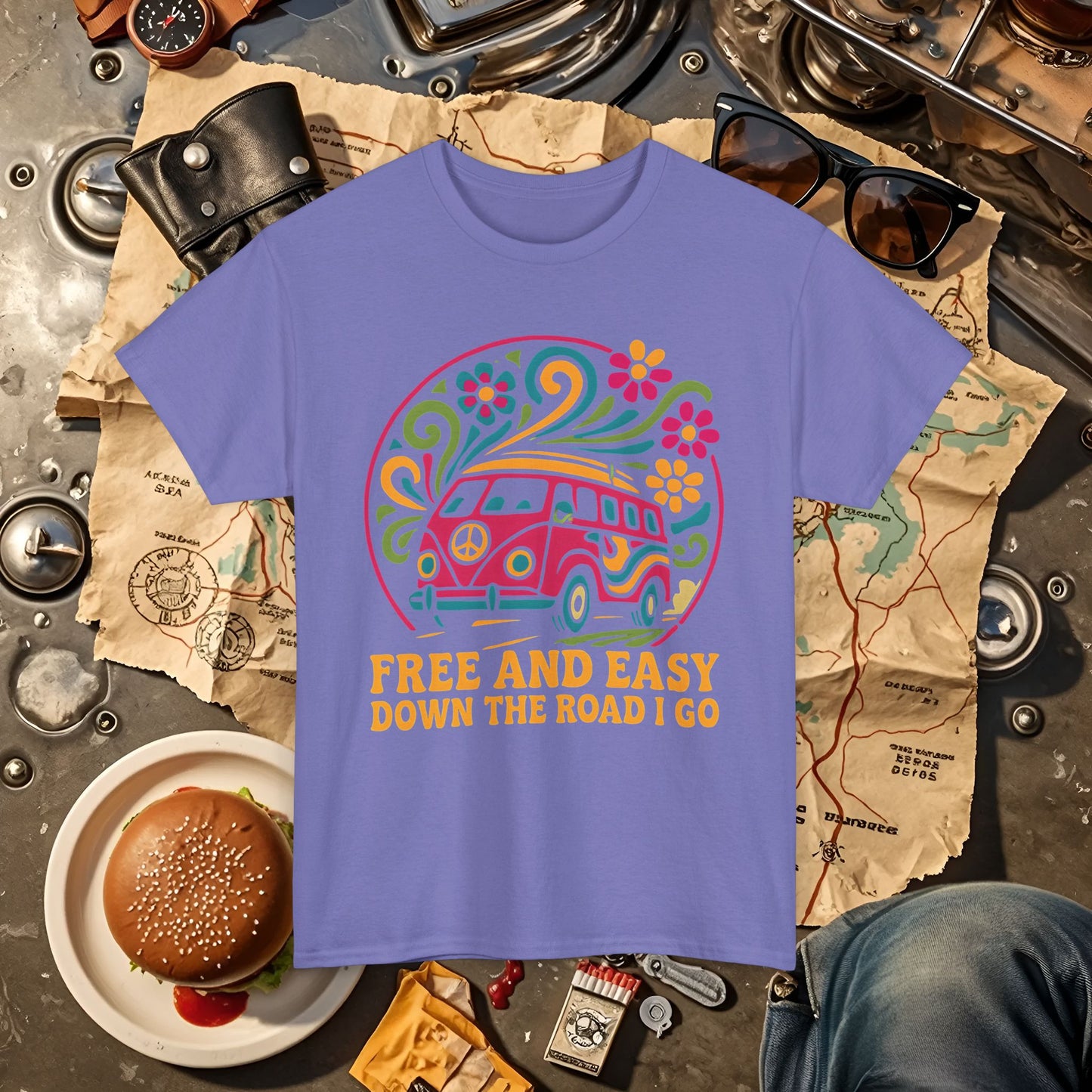 Free and Easy T-Shirt – Retro Hippie Van with Floral Freedom Vibes