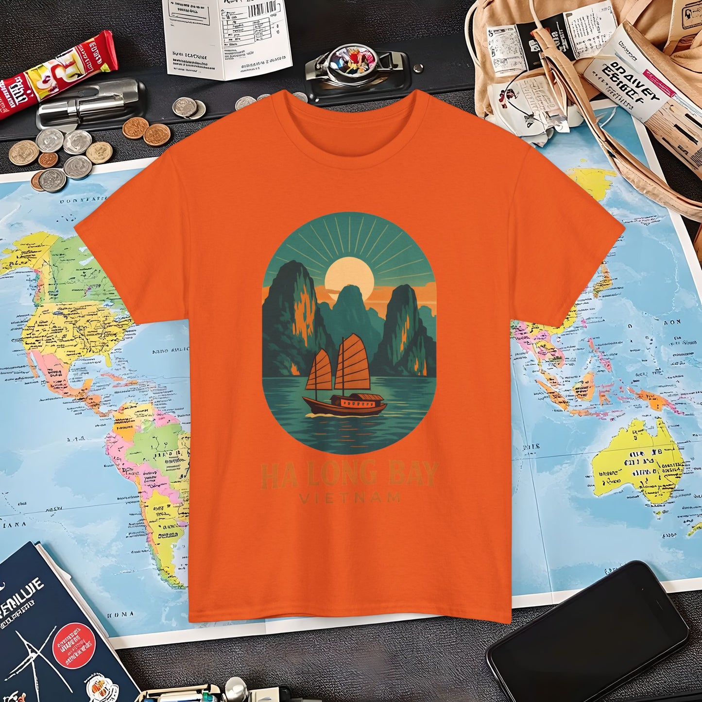 Ha Long Bay Vietnam T-Shirt – Art Deco Junk Boat Travel Shirt for Southeast Asia Lovers Air Travel T-Shirts | Jetsetter, Airport, and International Flight Tees