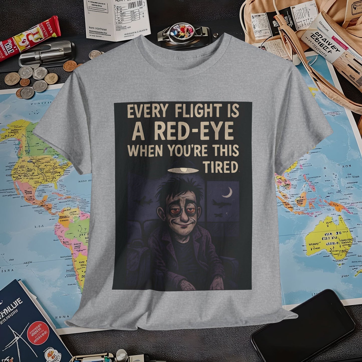 Every Flight Is a Red Eye Tee – Exhausted Traveler Comic Noir Shirt Air Travel T-Shirts | Jetsetter, Airport, and International Flight Tees