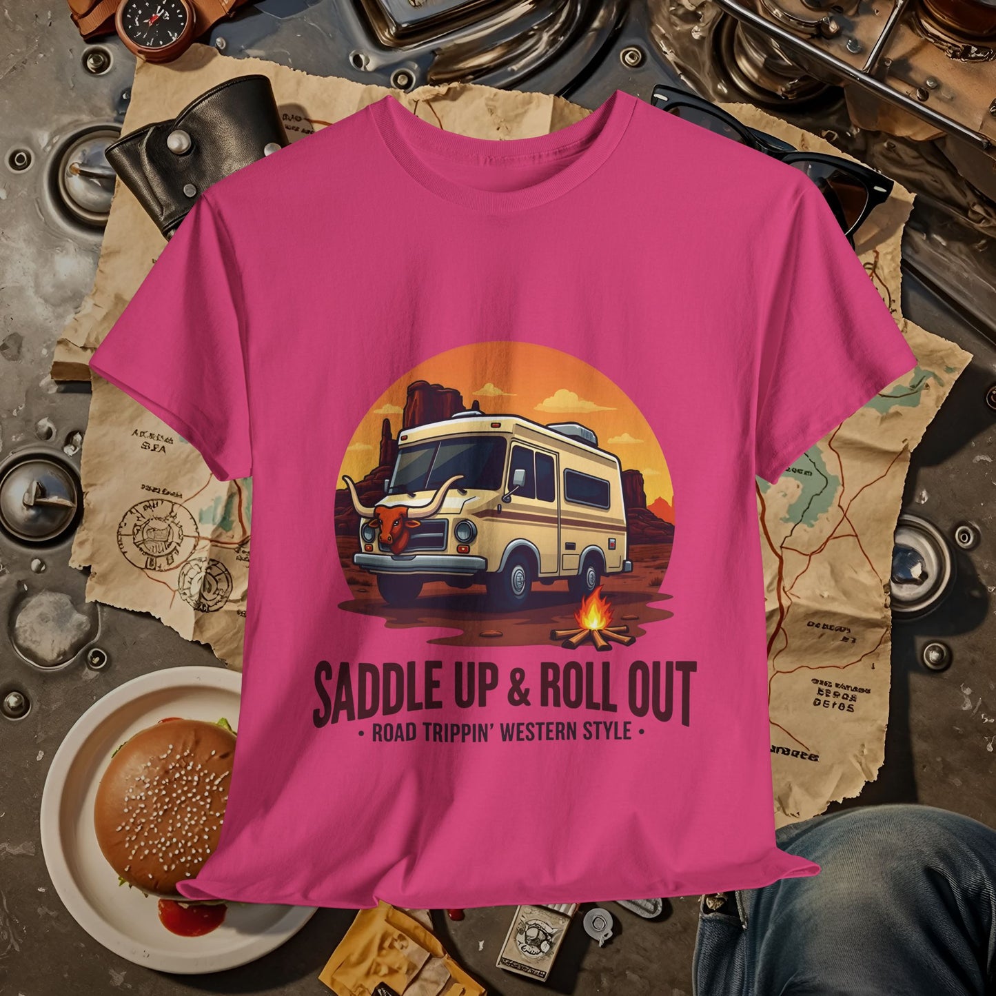 Saddle Up and Roll out Road Trip & Vehicle Travel T-Shirts | Car, RV, and Motorcycle Adventure Tees