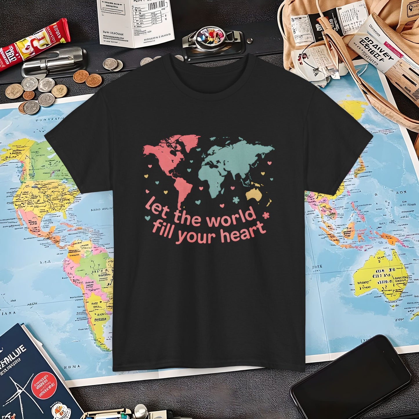 Let the World Fill Your Heart T-Shirt – World Map Adventure Design Air Travel T-Shirts | Jetsetter, Airport, and International Flight Tees