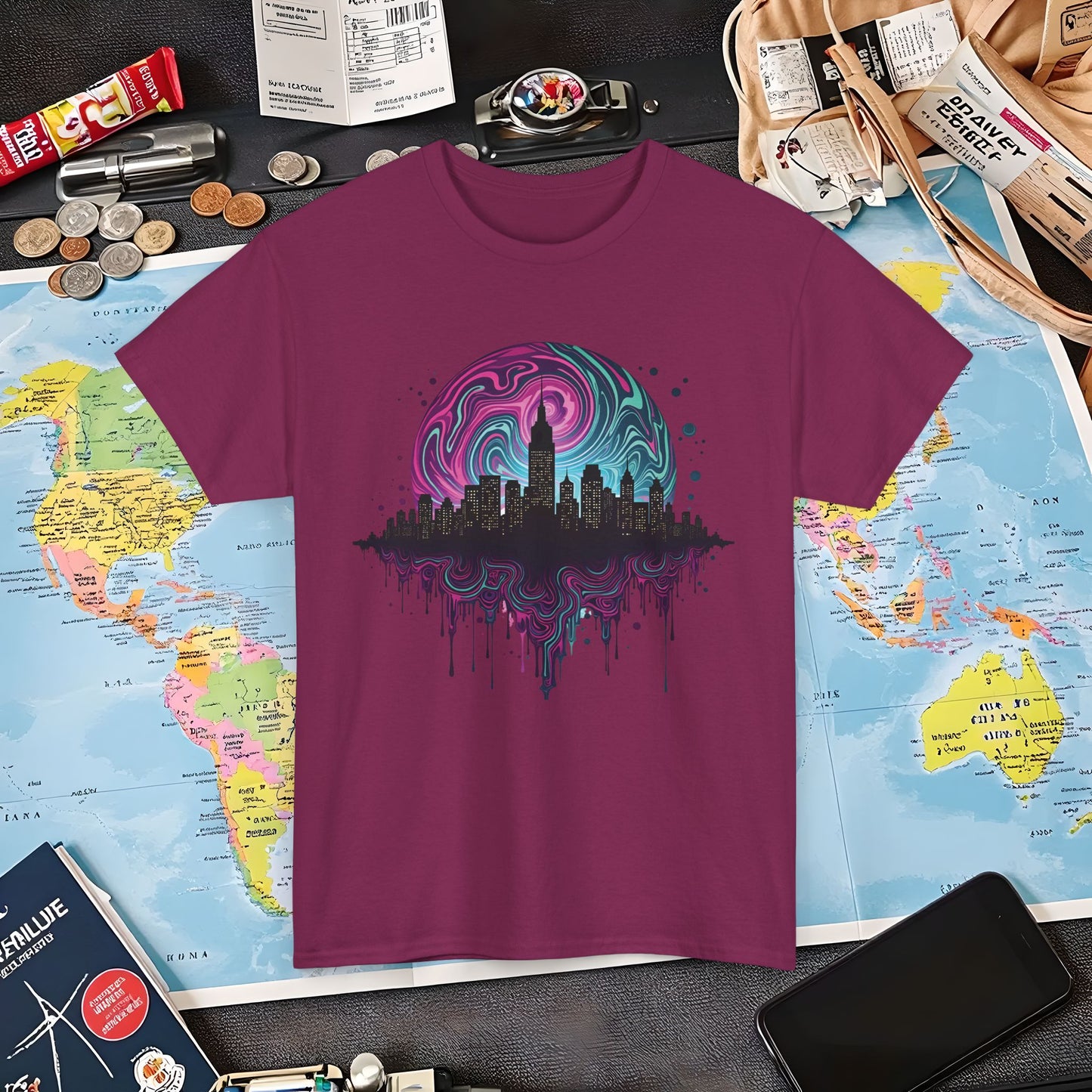 Psychedelic Skyline Air Travel T-Shirts | Jetsetter, Airport, and International Flight Tees