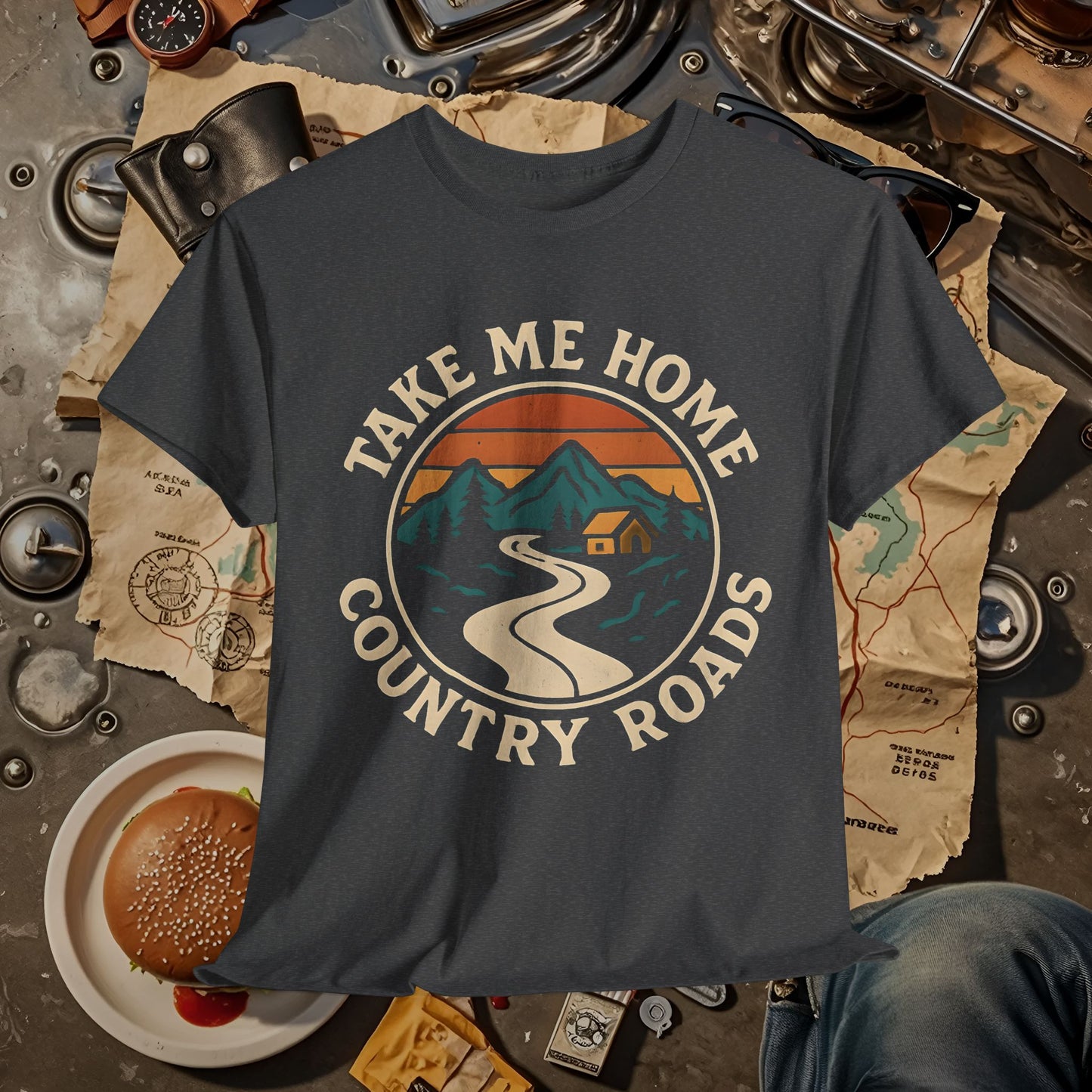 Take Me Home Country Roads T-Shirt – Retro Mountain Road to Cozy Cabin Design Road Trip & Vehicle Travel T-Shirts | Car, RV, and Motorcycle Adventure Tees