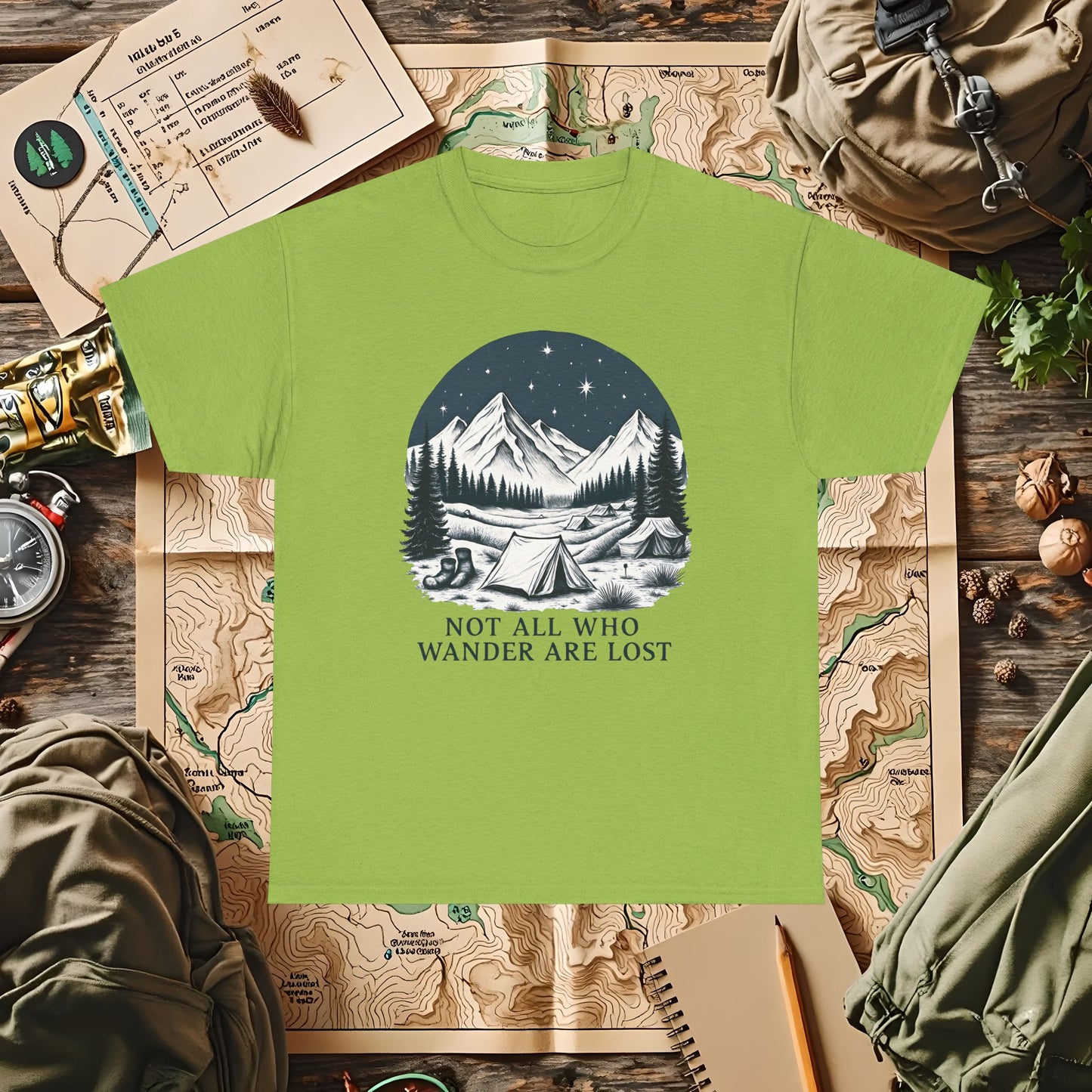 Not All Who Wander Are Lost T-Shirt – Mountain Camping Under Starry Night Camping, Hiking, Rafting & Kayaking Tees for Nature Lovers